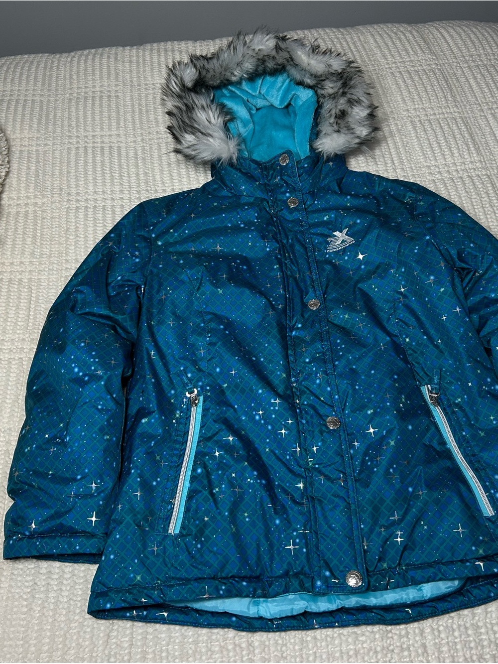 ZeroXposur Teal Star-Print WinterJacket with Faux-Fur Hood